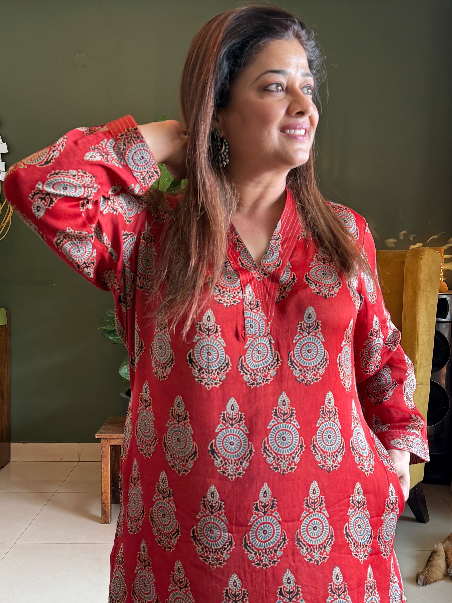 Ajrakh Modal Straight Kurta- Red