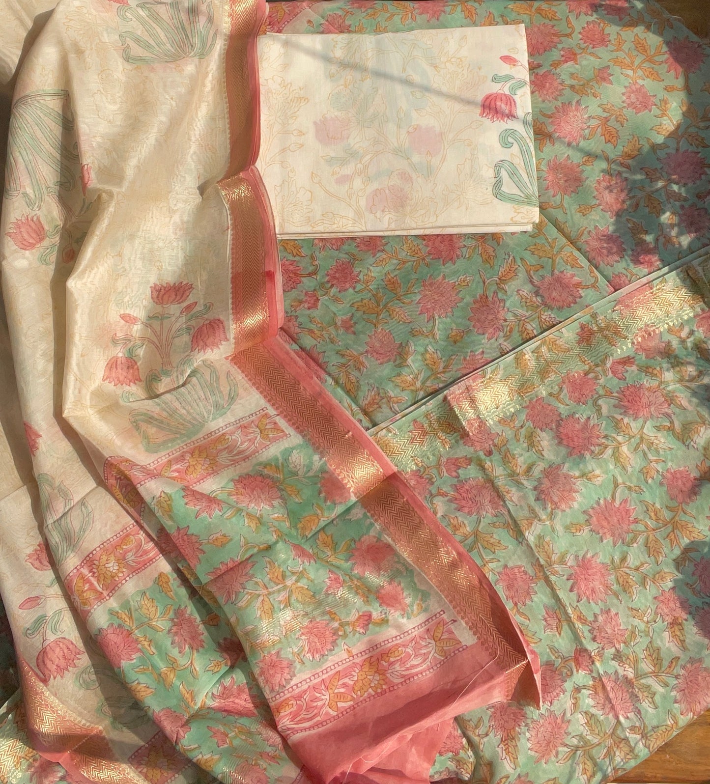Hand Block Printed Maheshwari Suit Fabric: Sea green