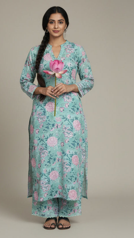 Hand Block Printed Modal Kurta Set: Green