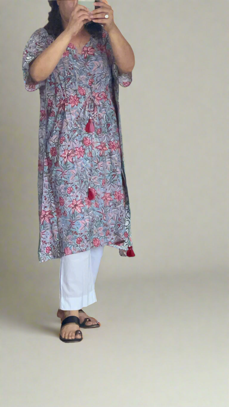 Hand Block Print Grey Short Kaftans