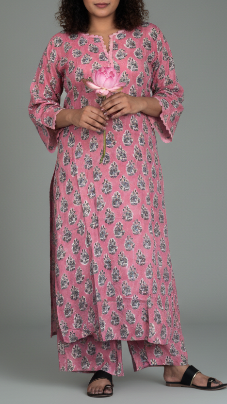 Hand Block Printed Modal Kurta Set: Pink with Blue Flowers