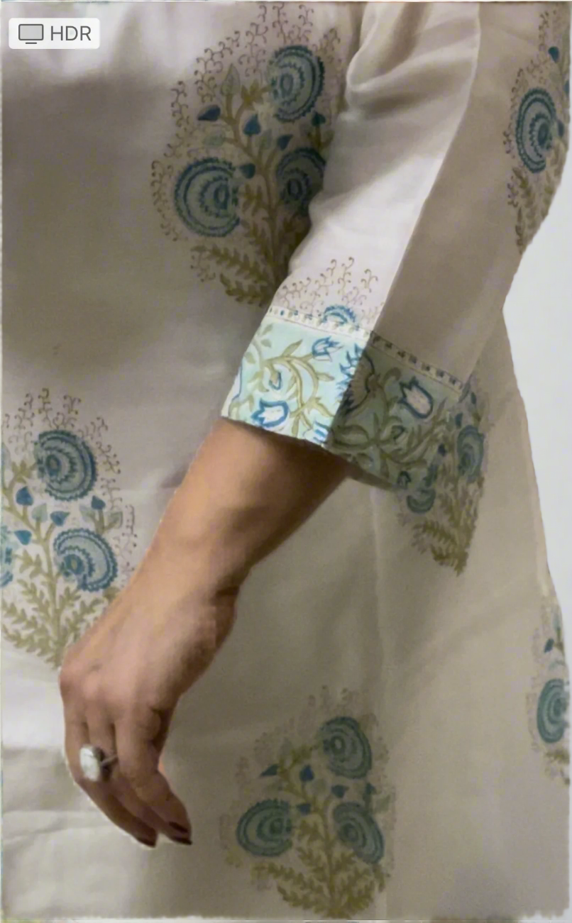 Hand Block Printed Embellished Chanderi Suit Set Cream & Blue