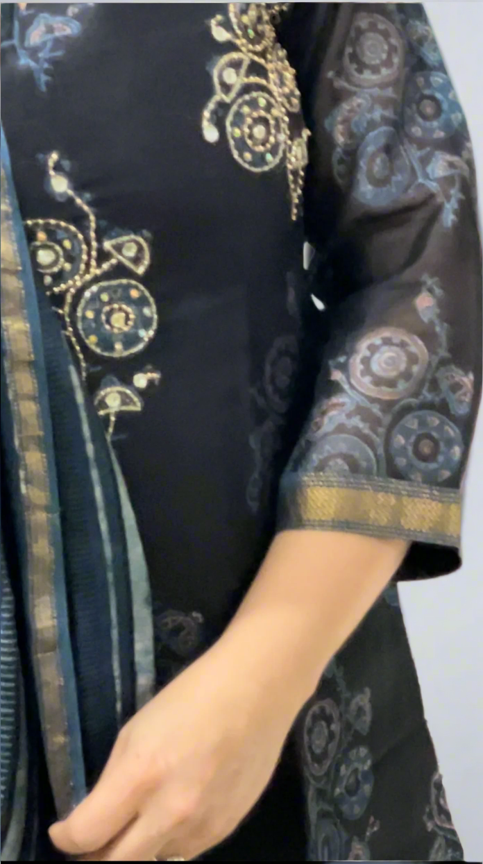 Hand Block Printed Chanderi Set: Ajrakh Blue