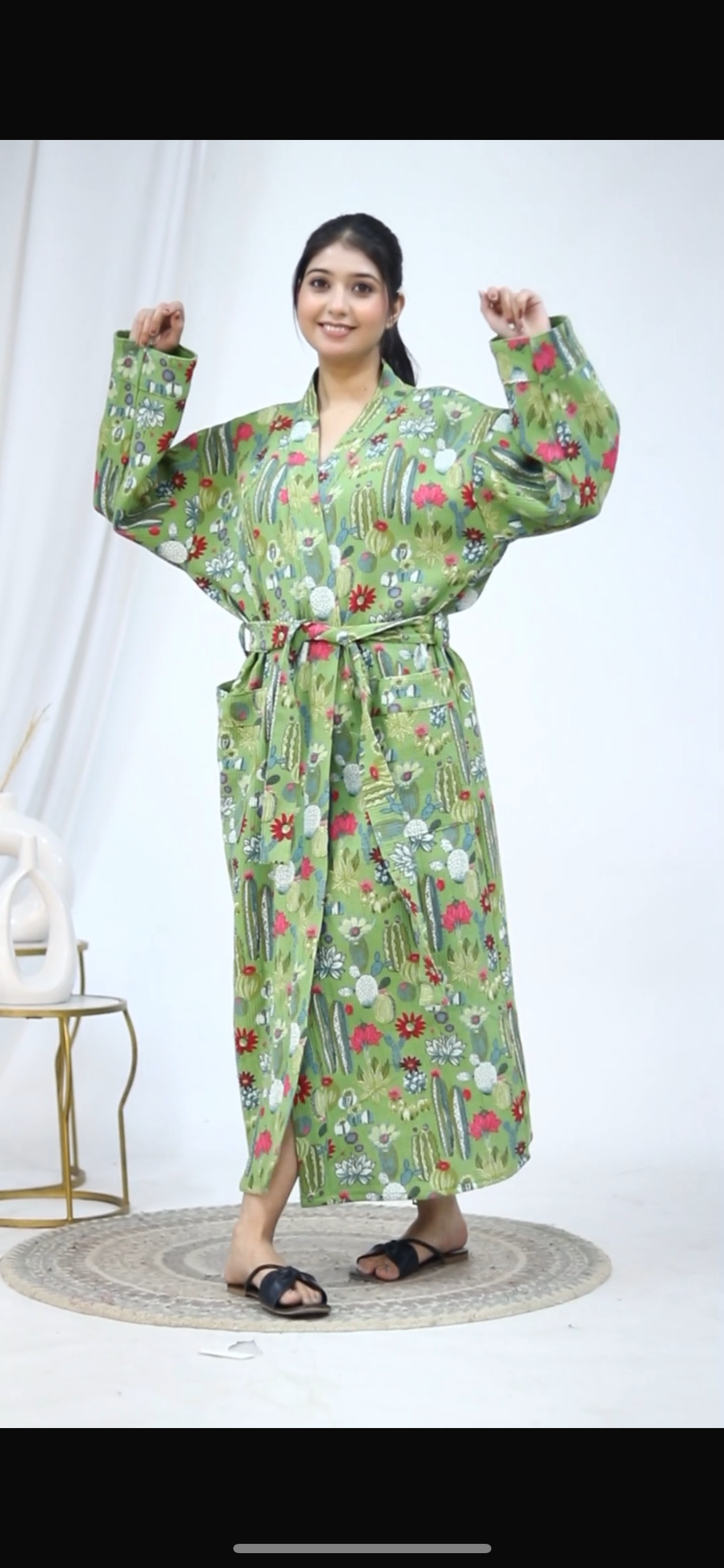 Block Printed Waffle Green Bathrobe