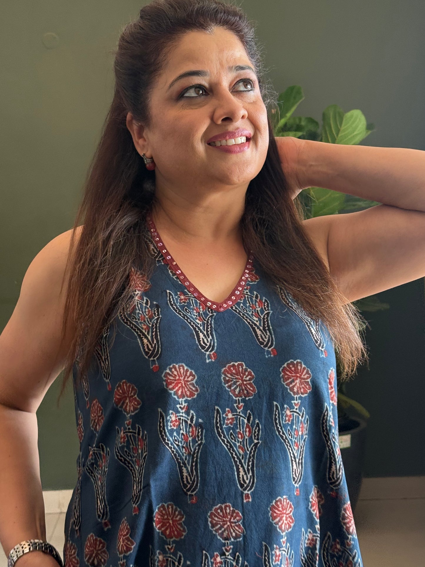 Ajrakh Cotton Halter Neck Dress- Blue