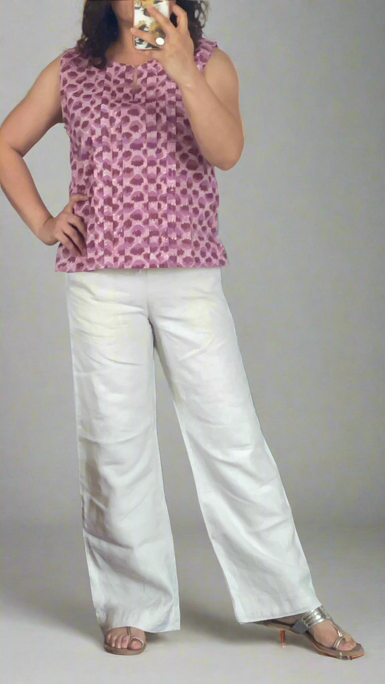Hand Block Printed Pintuck Sleevesless Top Pink