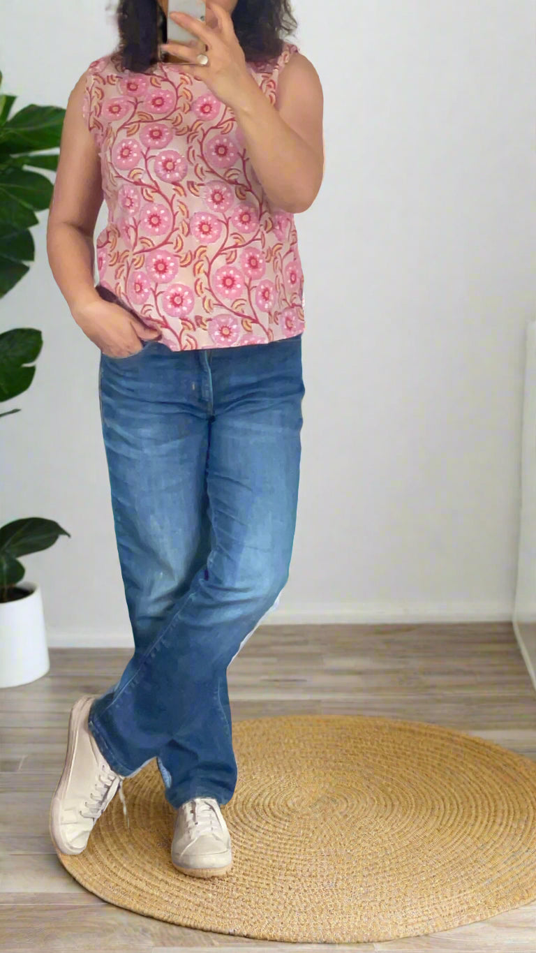 Hand Block Printed Sleeveless Top Pink