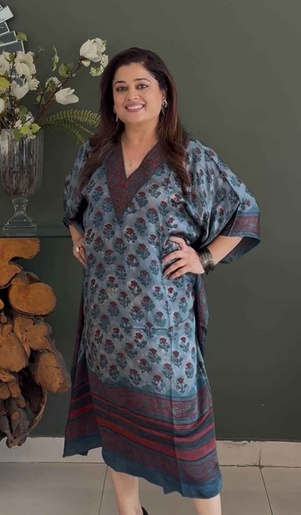Ajrakh Vanaspati Modal Kaftan- Grey