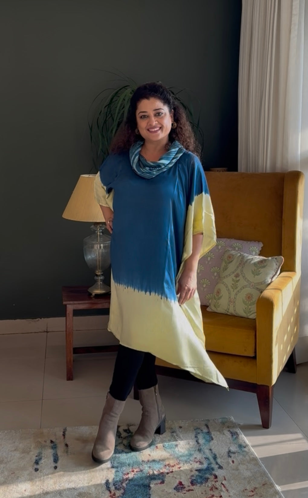 Tie & dye Modal Cowl Neck Kaftan-Blue & white