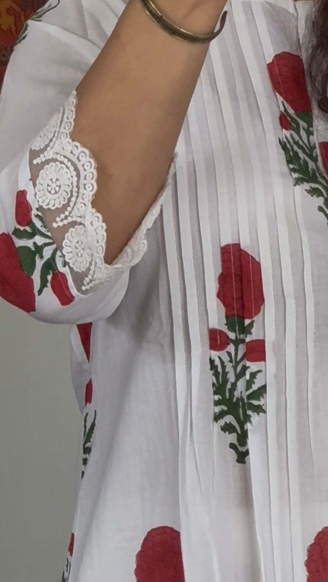 Block Print A-Line Pintucks Kurta Pant Set: Red Flowers