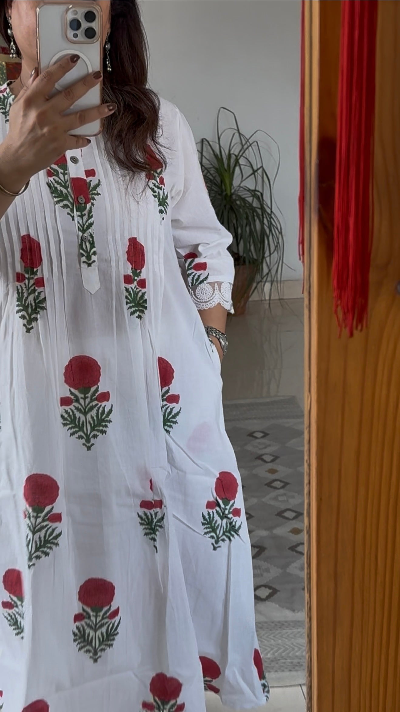 Block Print A-Line Pintucks Kurta Pant Set: Red Flowers