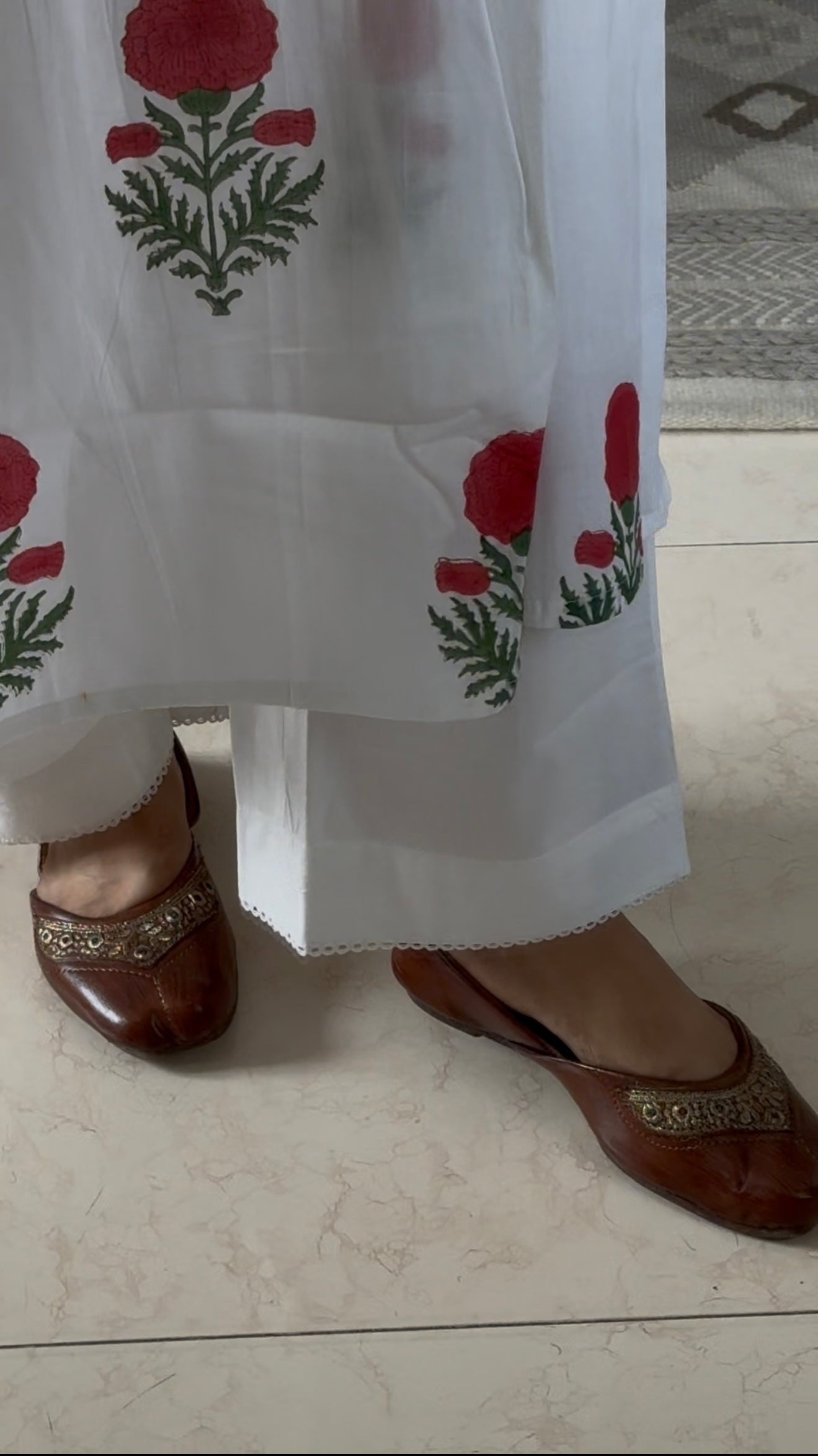 Block Print A-Line Pintucks Kurta Pant Set: Red Flowers