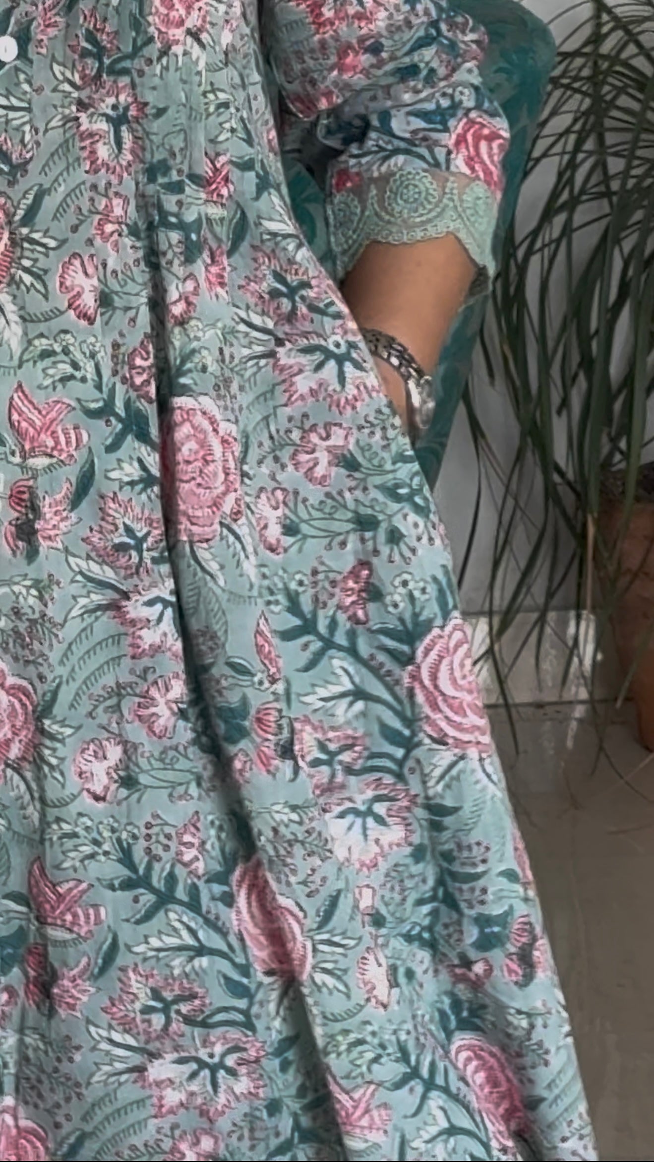 Block Print A-Line Pintucks Kurta Pant Set: Green Floral
