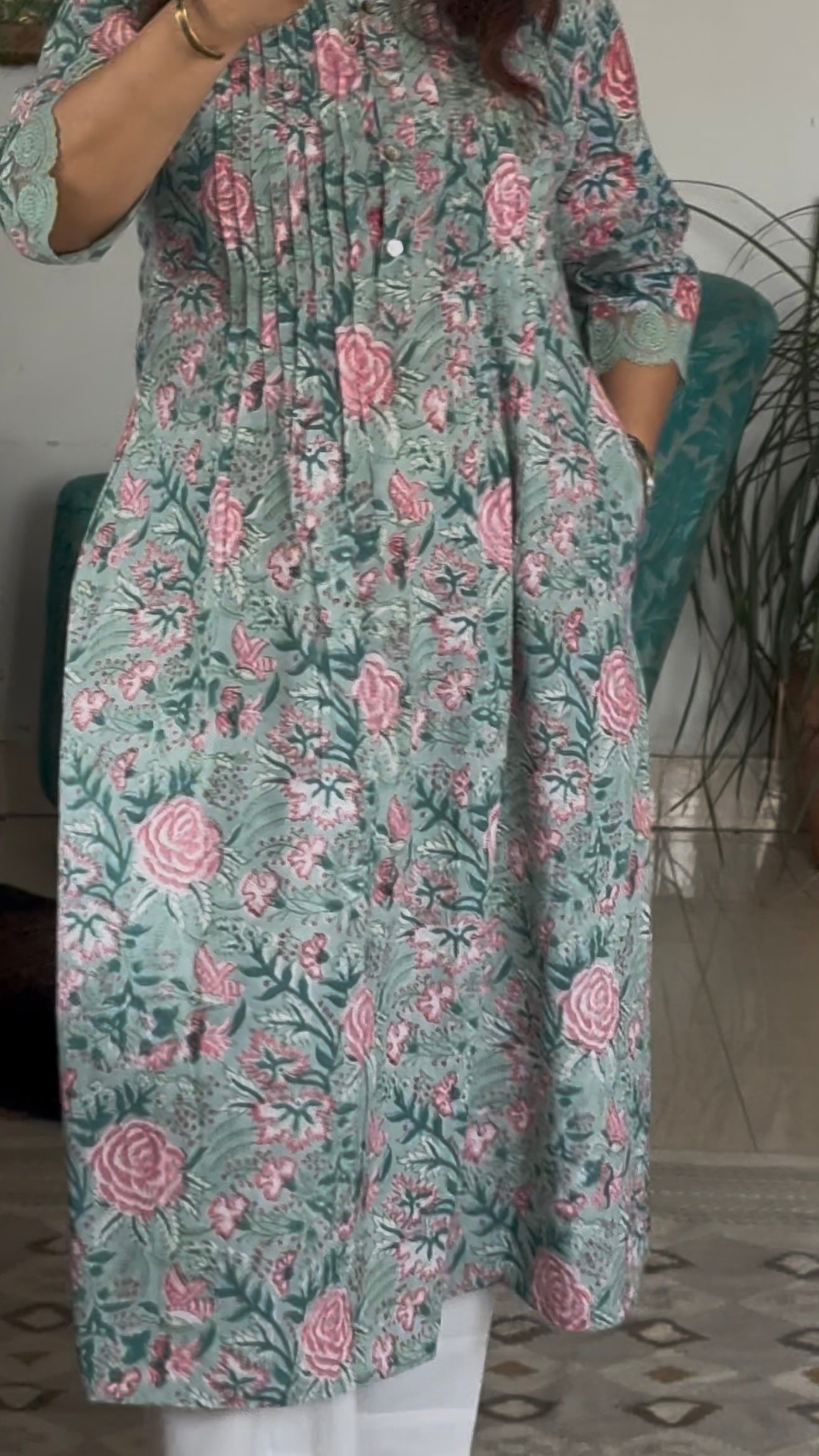 Block Print A-Line Pintucks Kurta Pant Set: Green Floral
