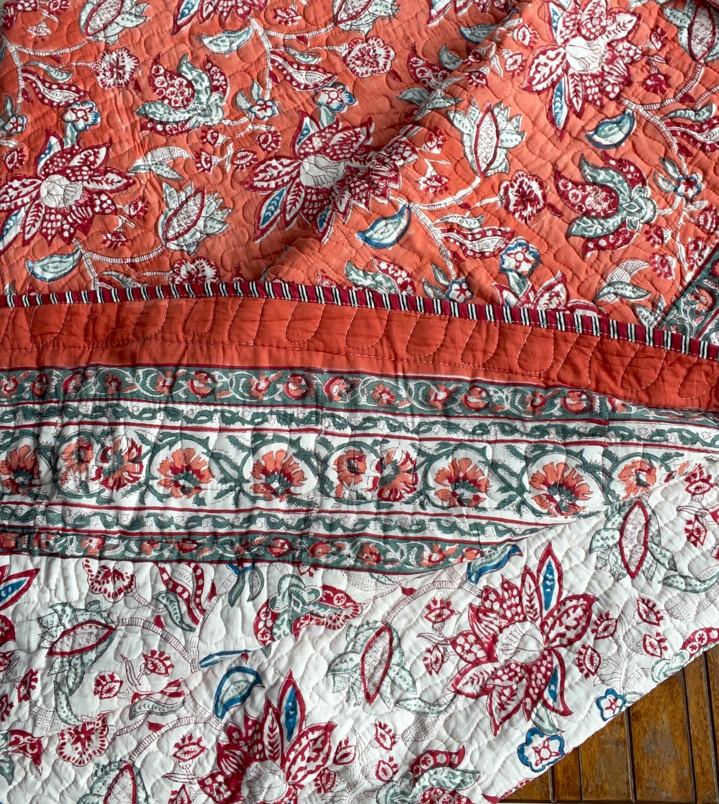Hand Block Printed Quilted Reversible Orange Bedcover set