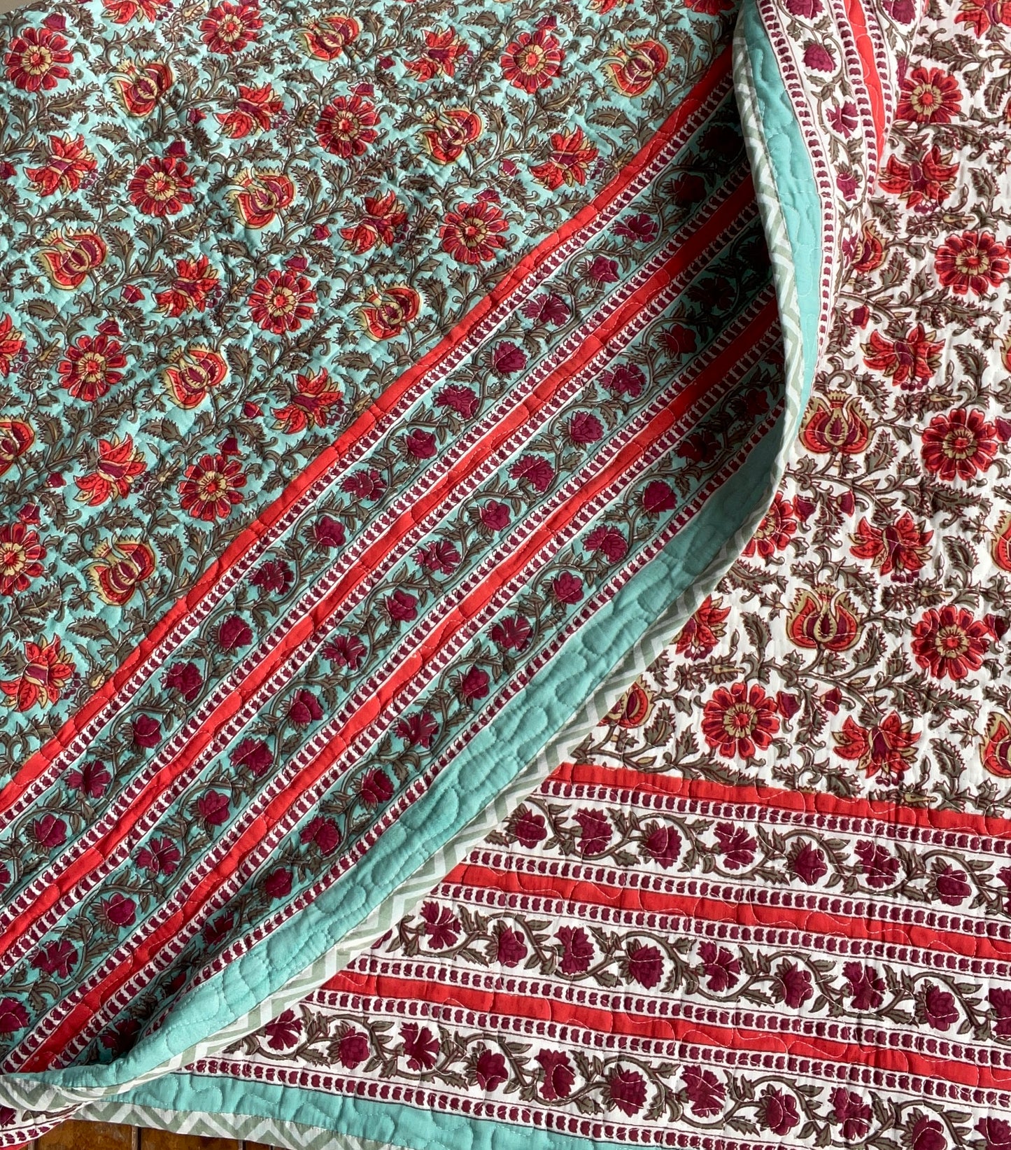 Hand Block Printed Quilted Reversible Blue Bedcover