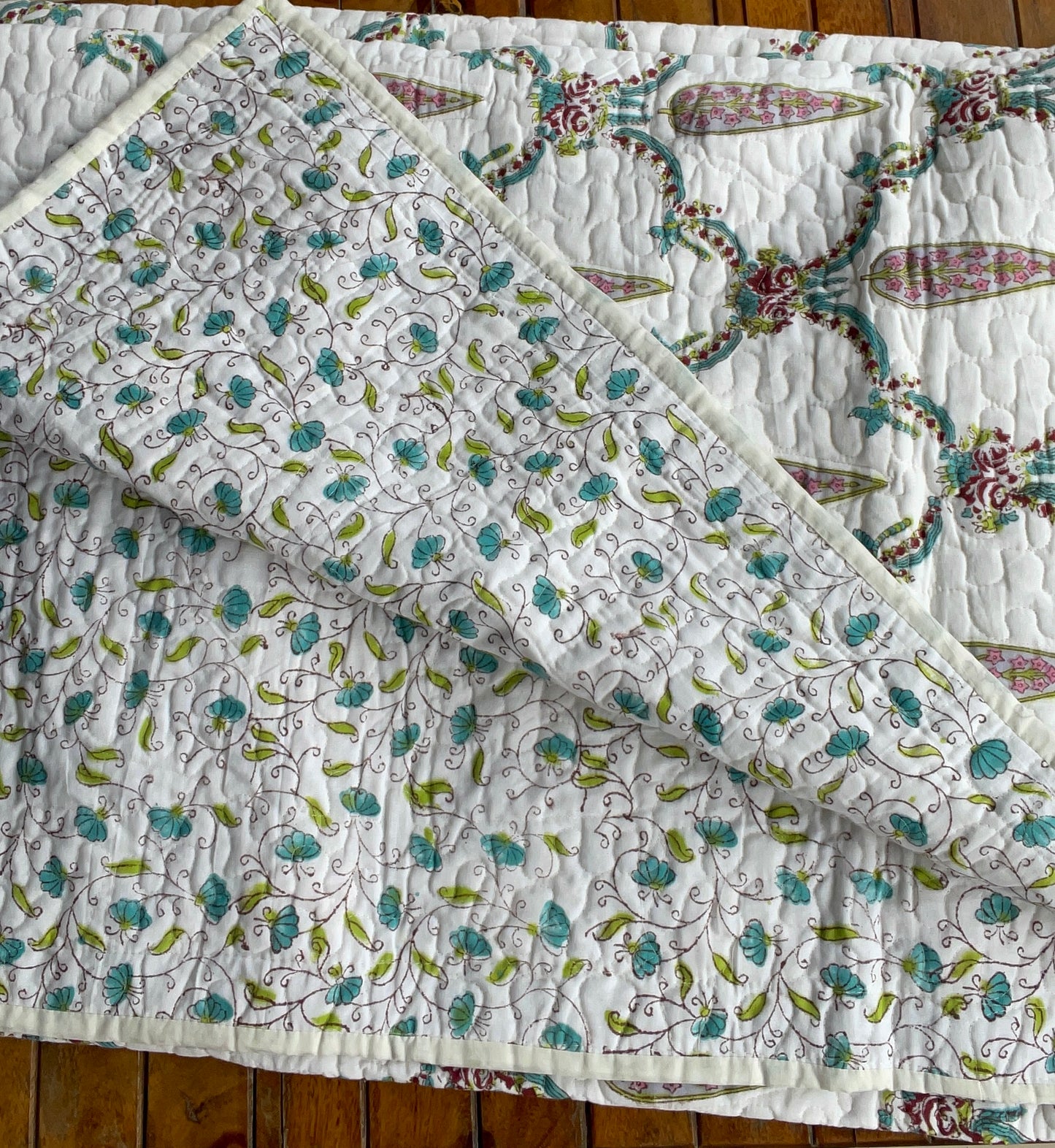 Hand Block Printed Quilted Reversible Bedcover: Floral Cypress