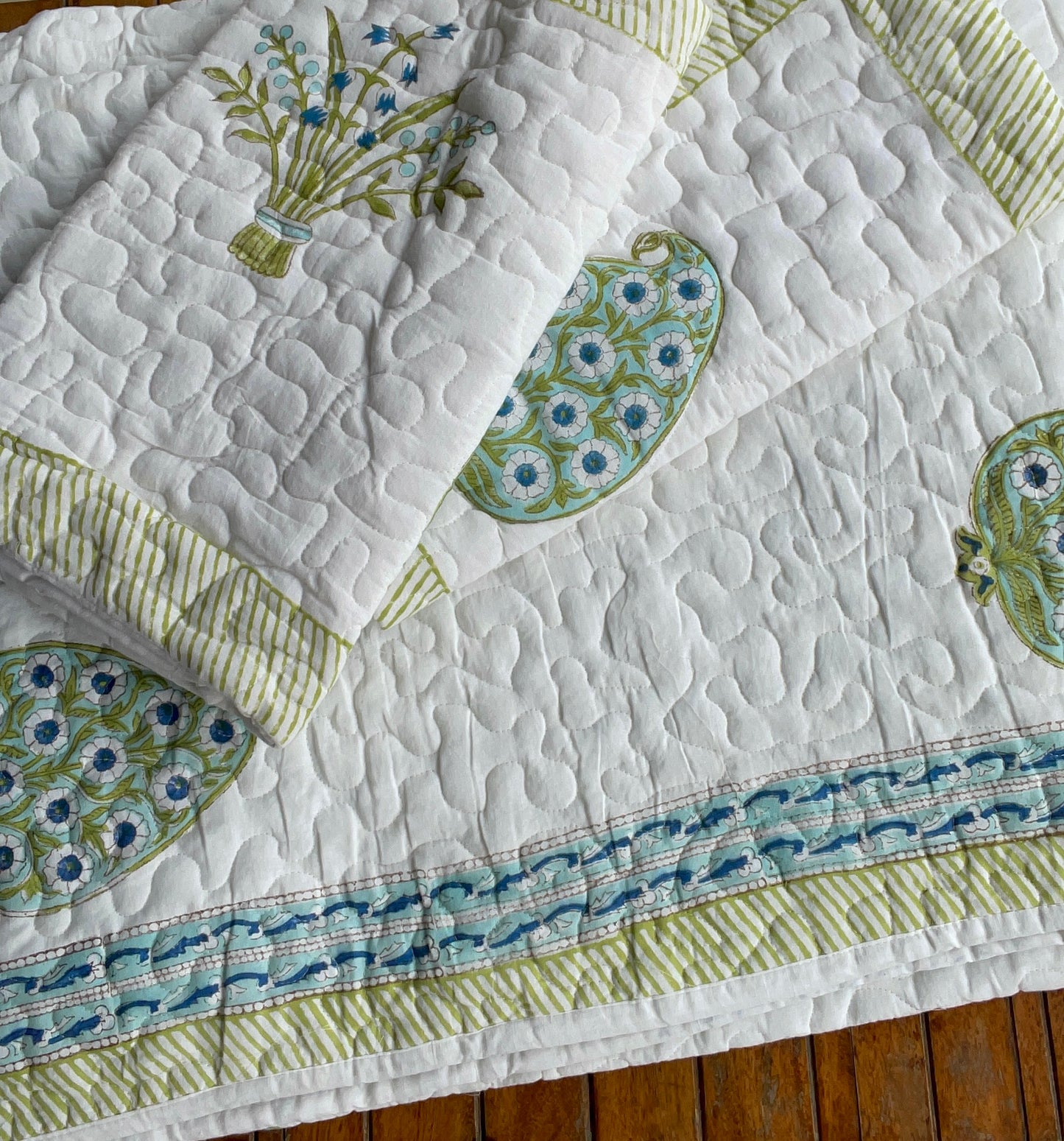 Hand Block Printed Quilted Reversible Bedcover: Paisley & flowers