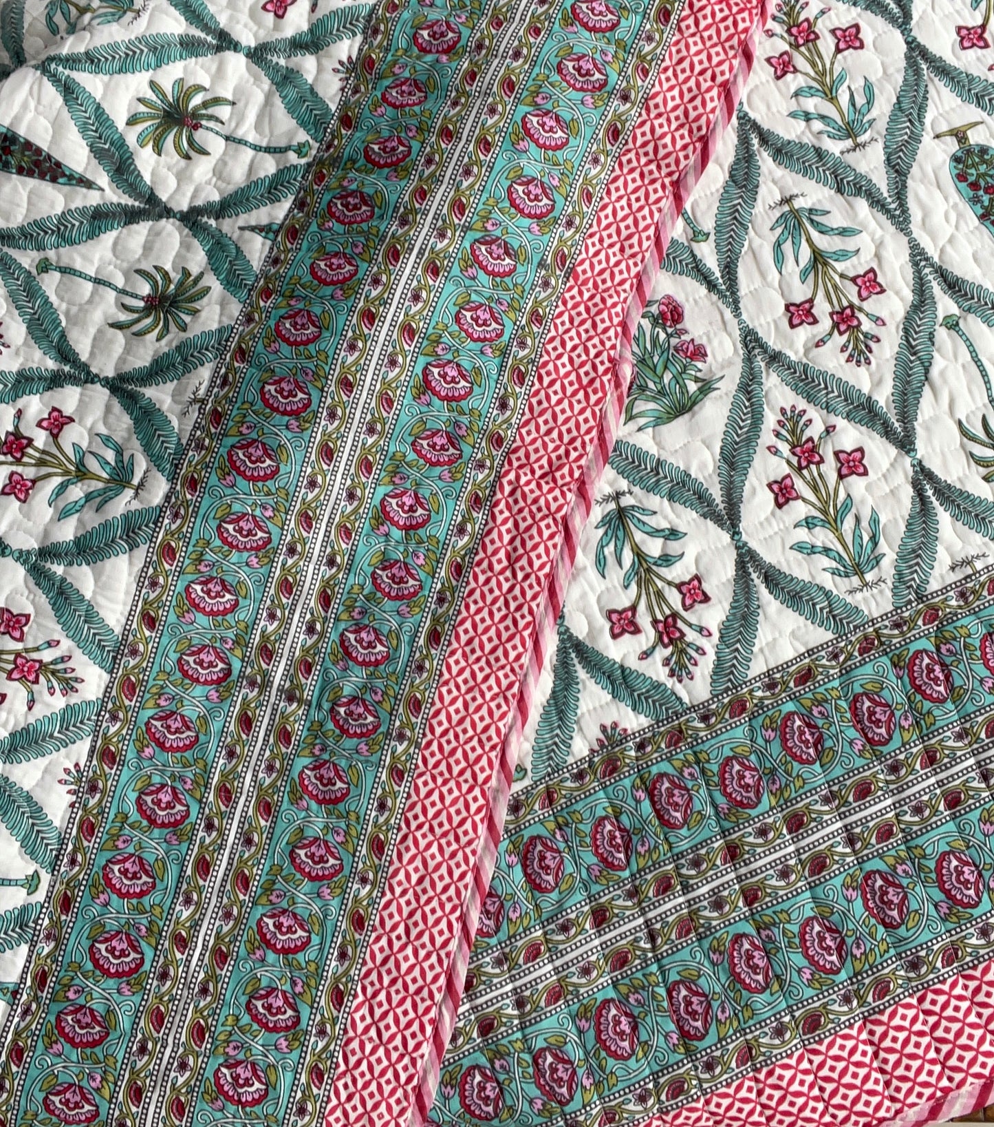 Hand Block Printed Quilted Reversible Bedcover: Palms & Flowers