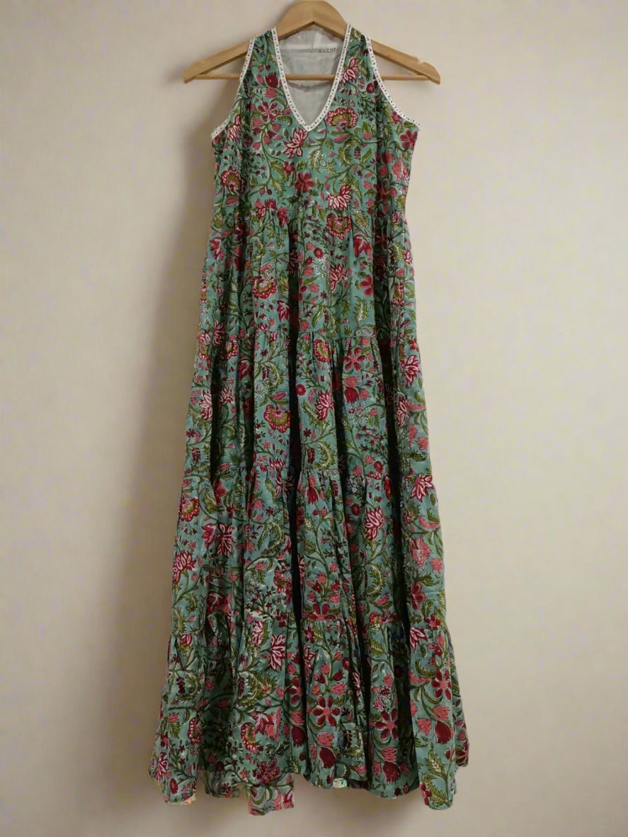 Hand Block Printed Halter Dress: Green with Red Flowers