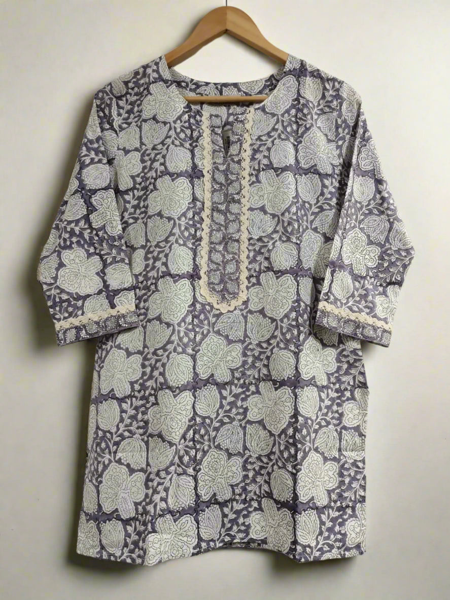 Hand Block Printed Crochet Lace Top: Lavender