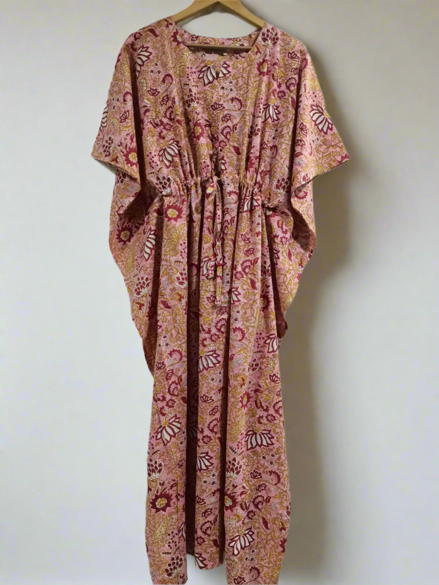 Hand Block Printed Long Kaftan: Pink