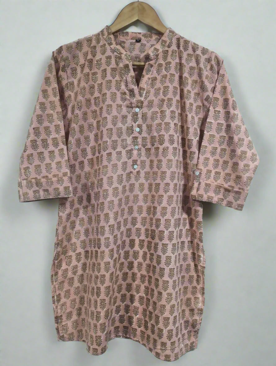 Block Printed Mandarin Collar Kurti-Peach lotus