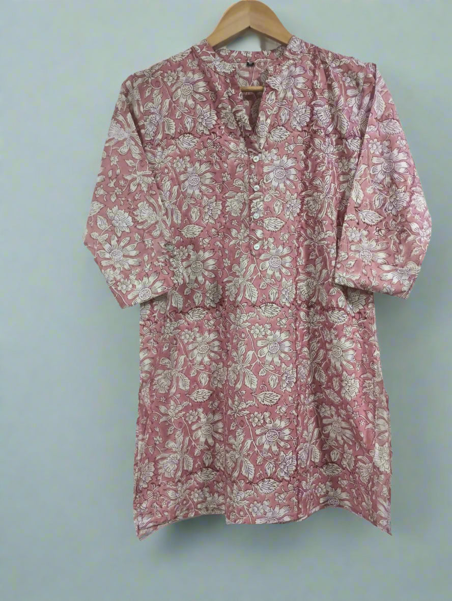 Block Printed Mandarin Collar Kurti: Pink with white flowers