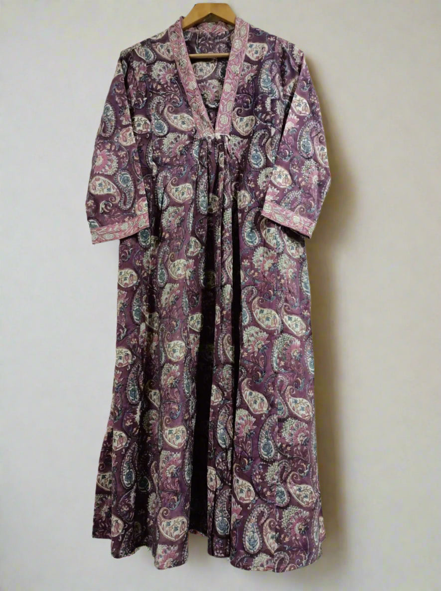 Hand Block Printed A-Line Dress: Lavender