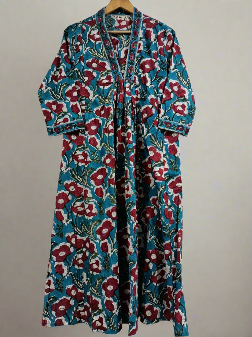 Hand Block Printed A-Line Dress: Teal