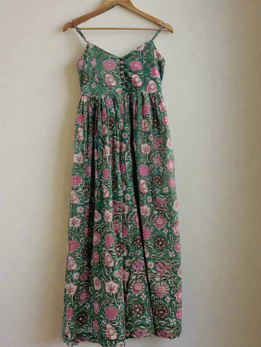 Hand Block Printed Strappy Dress :Green