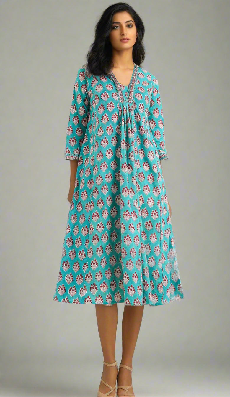 Hand Block Printed A-Line Dress: Teal New