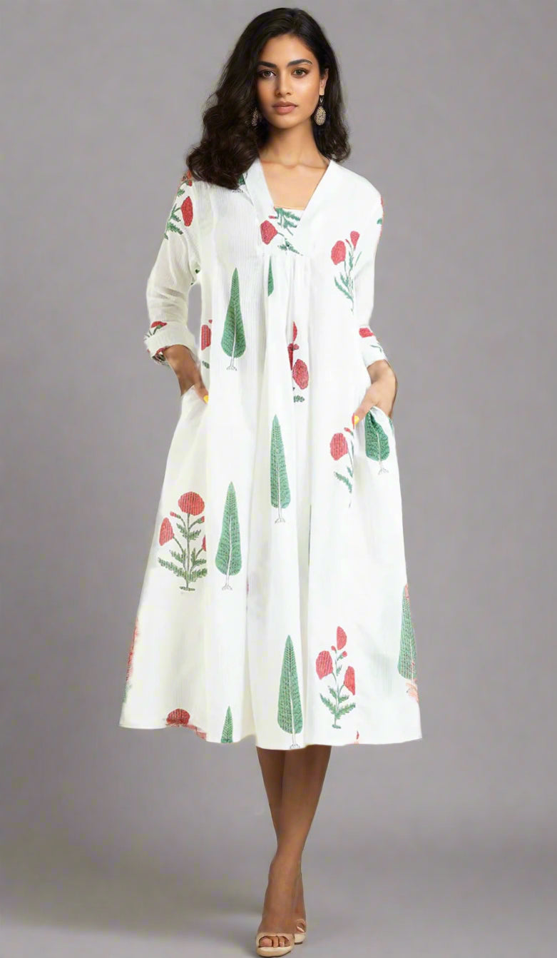 Hand Block Printed A-Line Dress: White