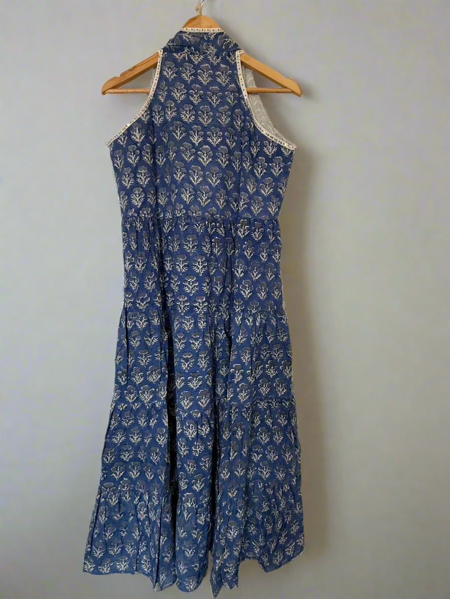 Hand Block Printed Halter Dress: Blue with small Butis