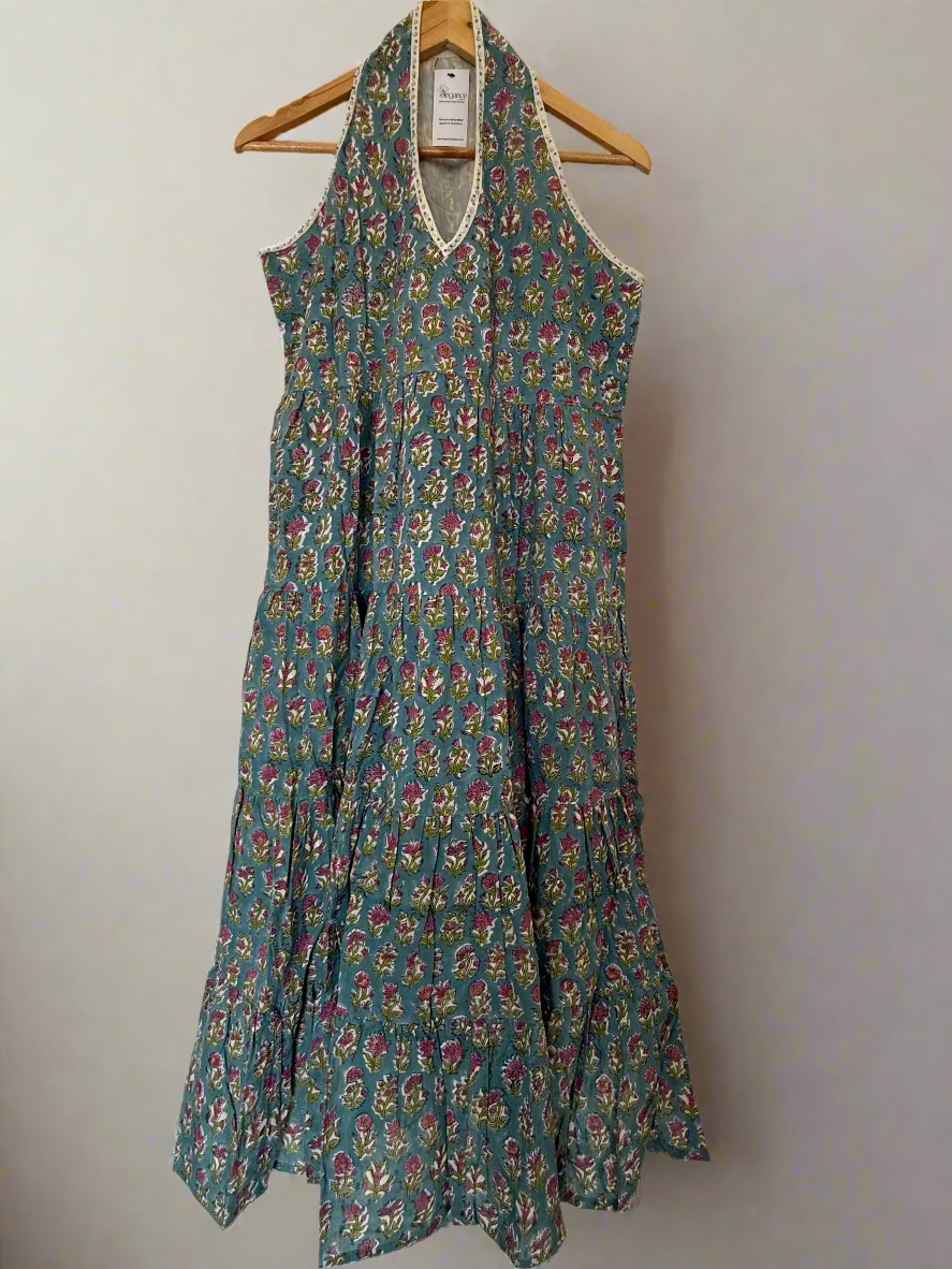 Hand Block Printed Halter Dress: Sky Blue