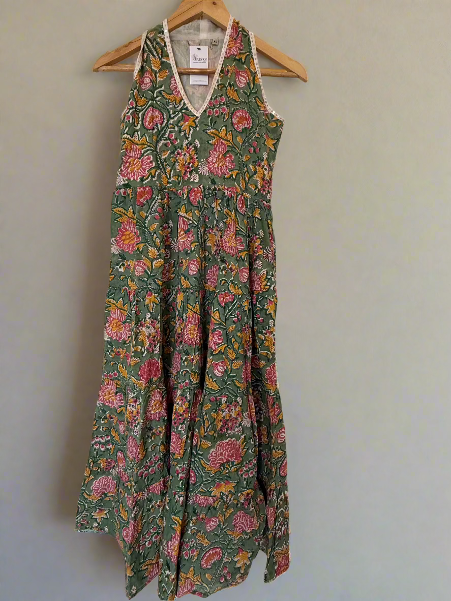 Hand Block Printed Halter Dress: Green with Pink Flowers