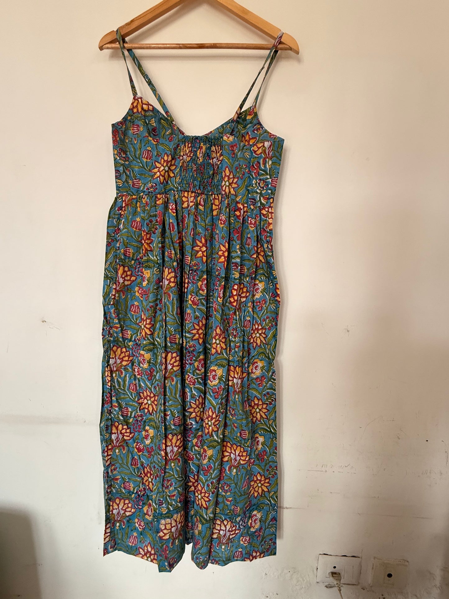 Hand Block Printed Strappy Dress :Blue