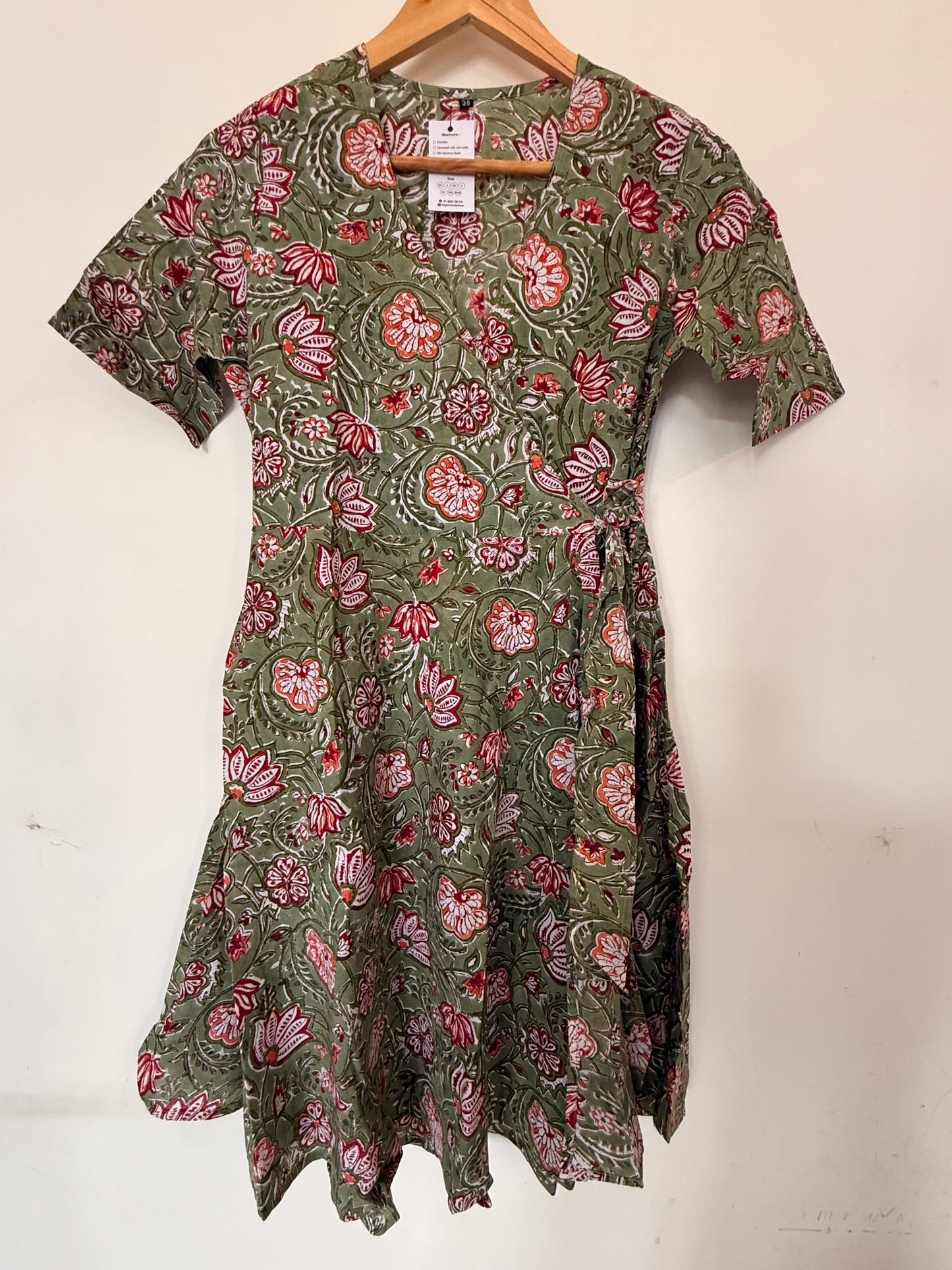 Hand Block Printed Wrap dress: Green with Orange Flowers