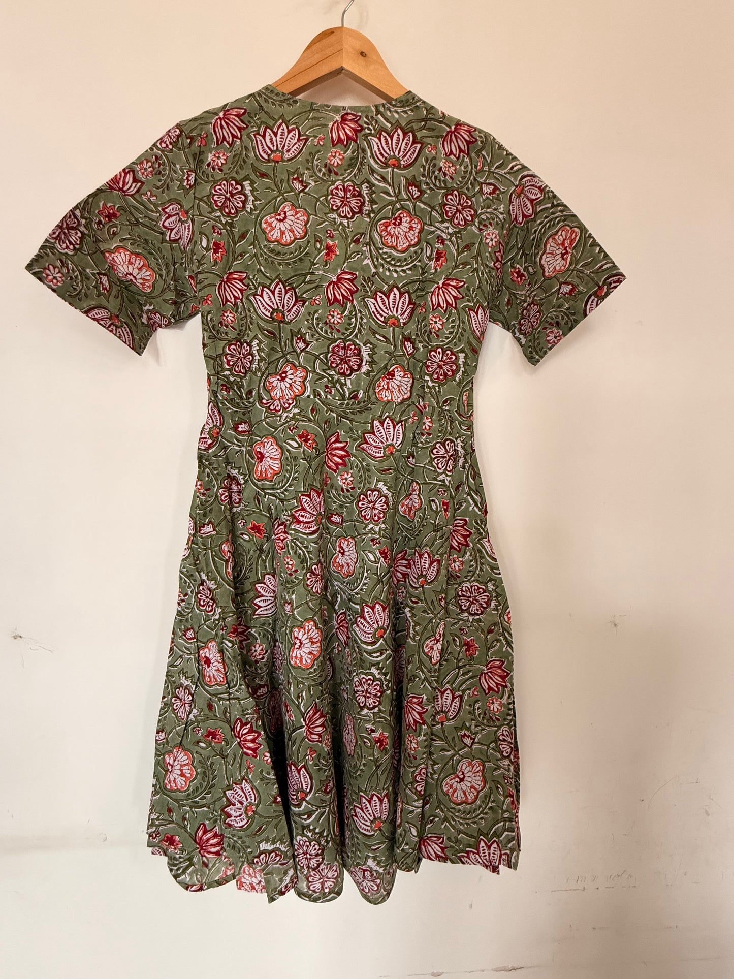 Hand Block Printed Wrap dress: Green with Orange Flowers