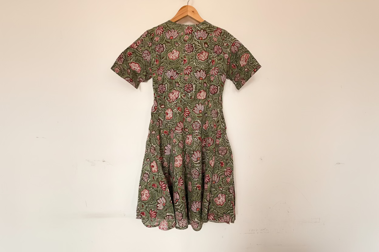 Hand Block Printed Cotton Wrap Dress: Green with Orange Flowers