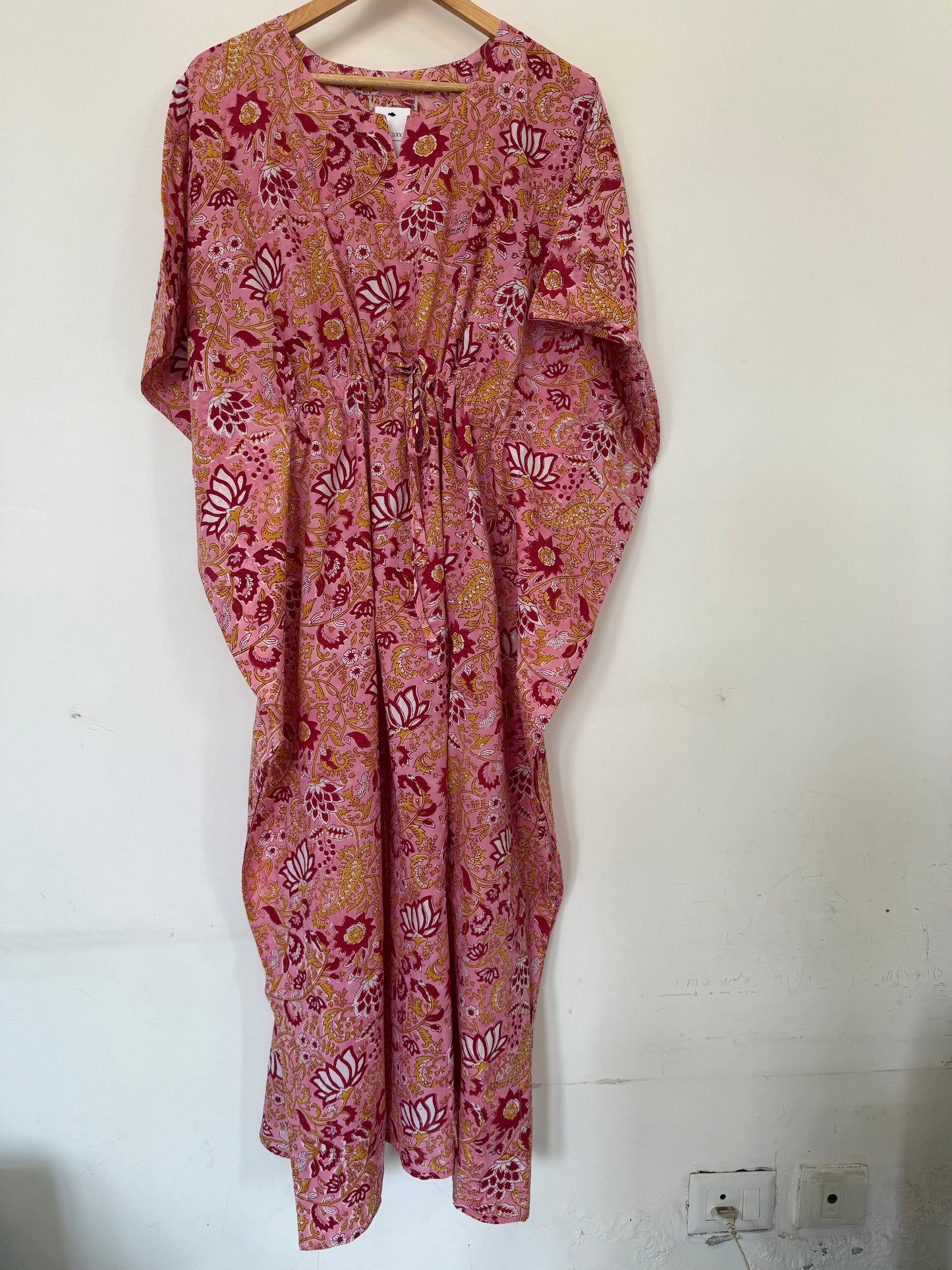 Hand Block Printed Long Kaftan: Pink
