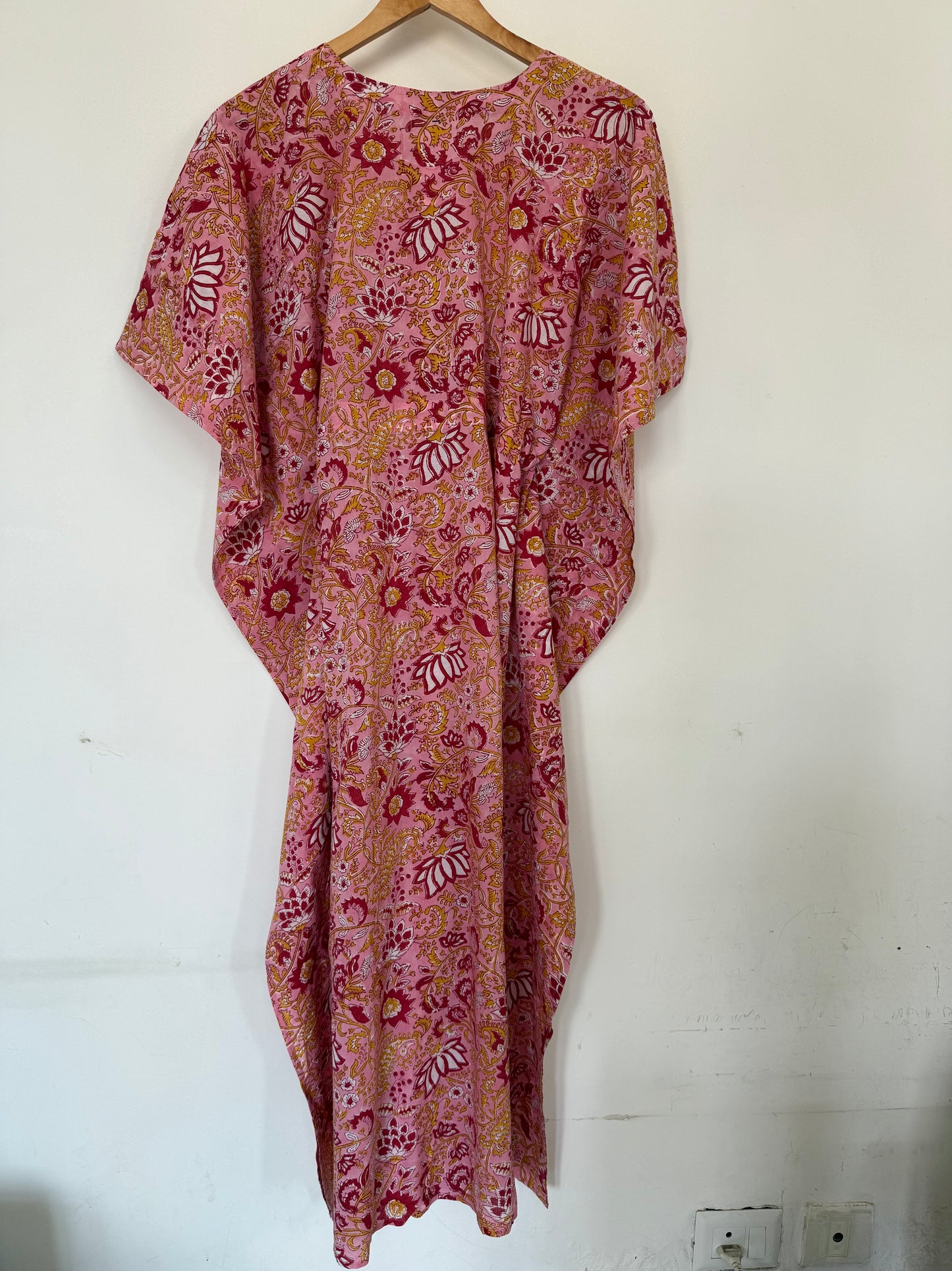 Hand Block Printed Long Kaftan: Pink