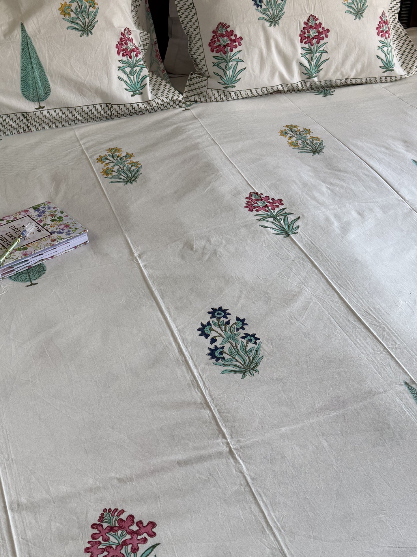 Hand Block Printed King Size Bed Sheet: Blooms & Cypress