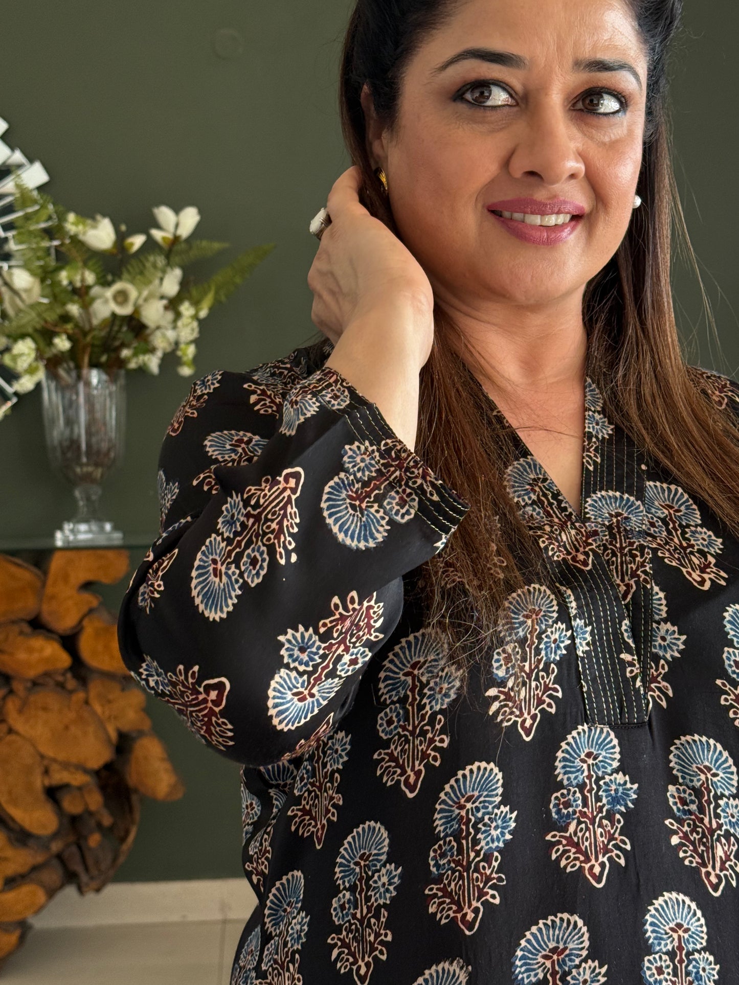 Ajrakh Modal Kurti- Black