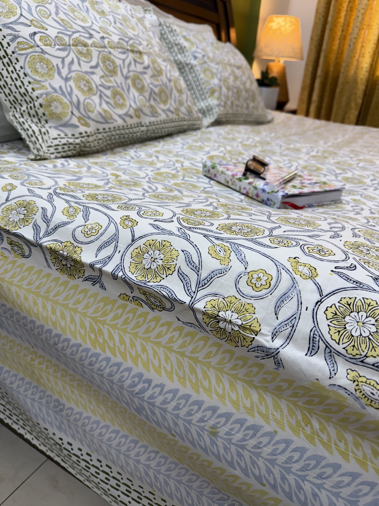 Hand Block Printed Super King Size Bedsheet: Yellow Florals