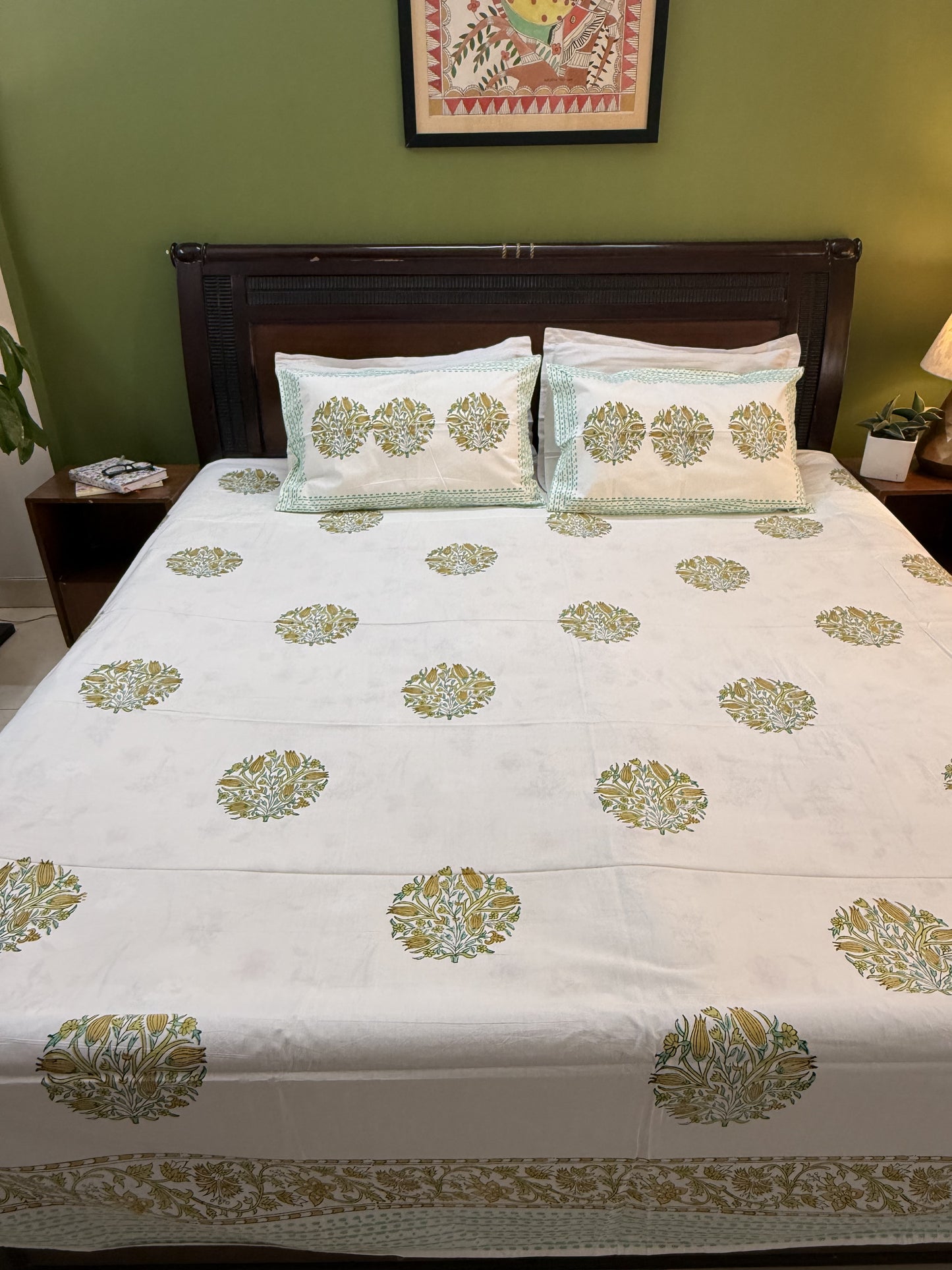 Hand Blocked Printed King Size Bed sheet: Yellow Blooms Bunch