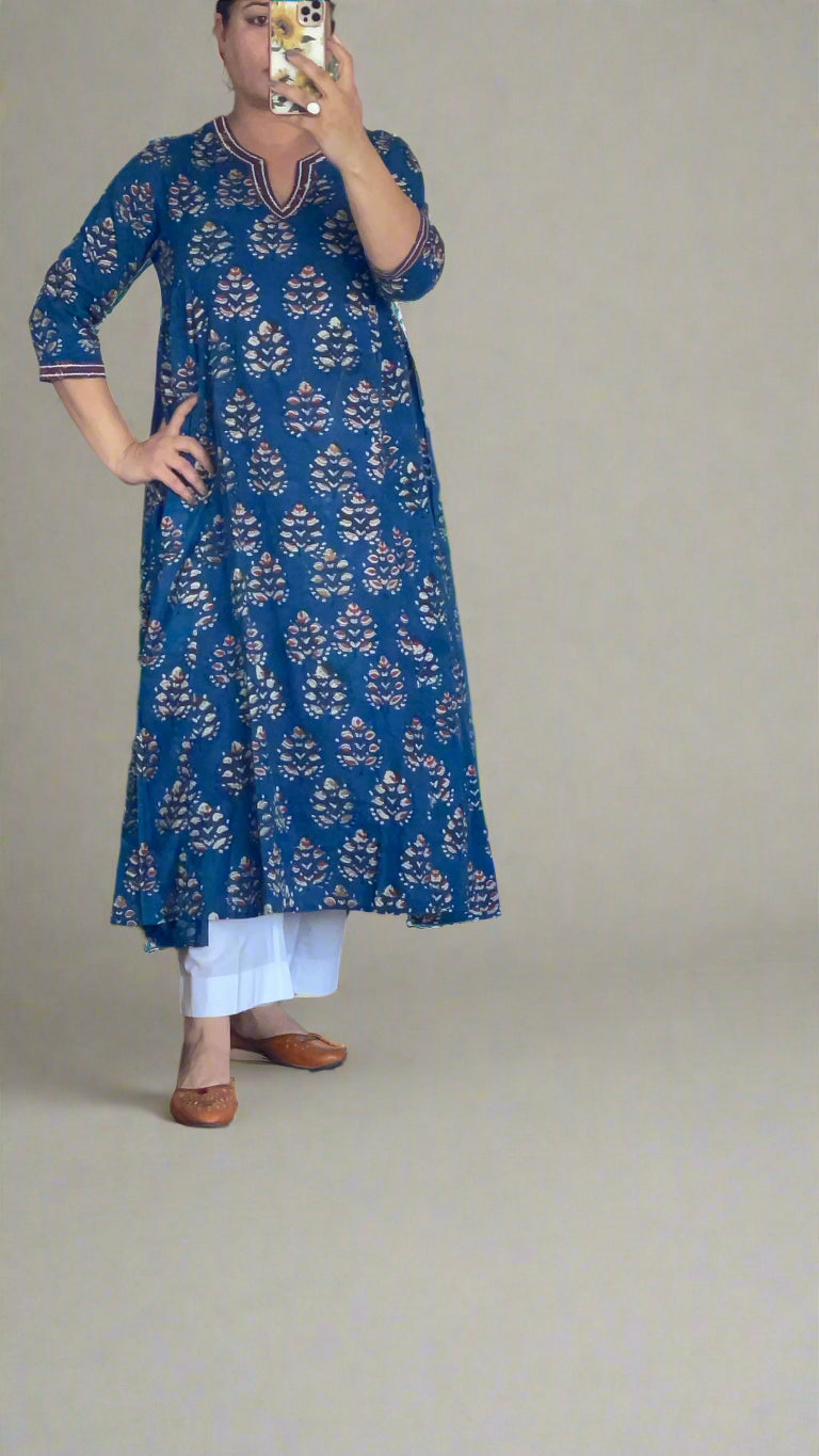 Hand Block Printed Blue Gathered Kurta