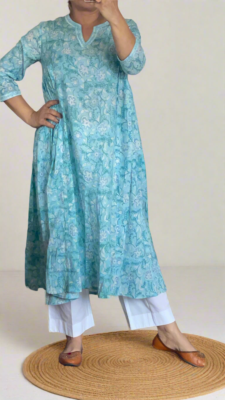 Hand Block Printed Light Blue Gathered Kurta