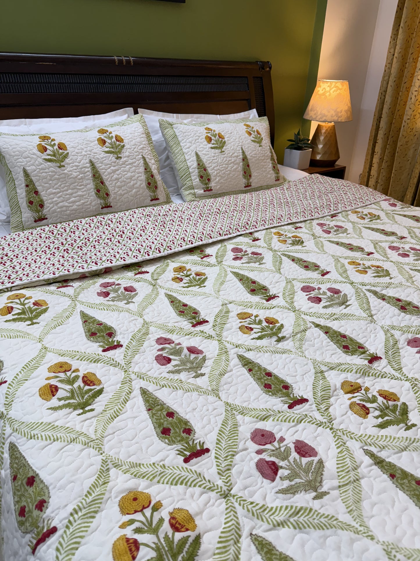 Hand Block Printed Quilted Reversible Bed Cover: Poppy & Cypress