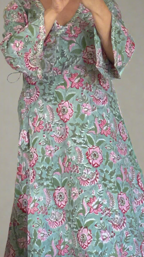 Hand Block Printed Angarkha Kurta: Sage Green